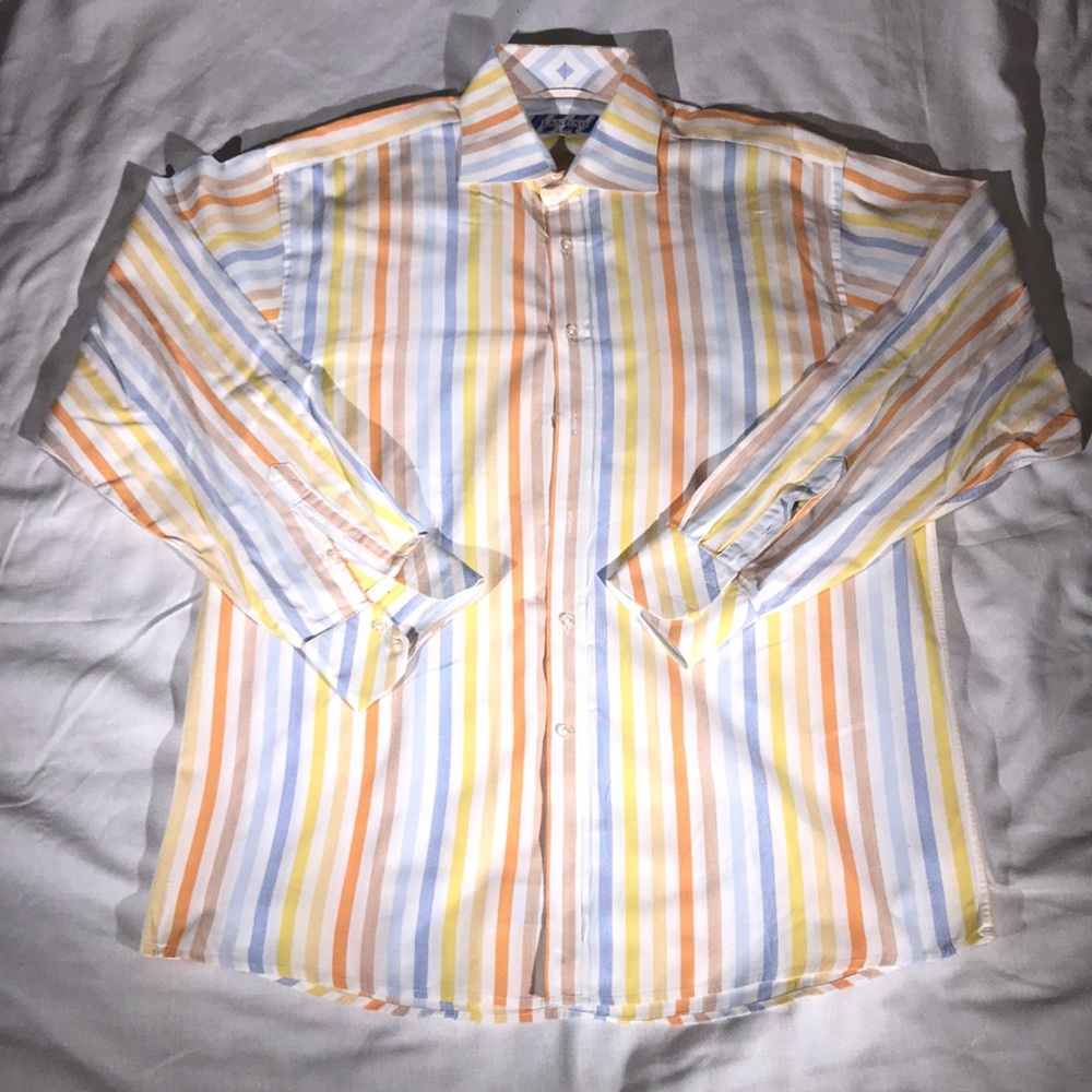 Lanzino Men’s Vintage Bright Striped Button Down Long Sleeve Cotton Shirt